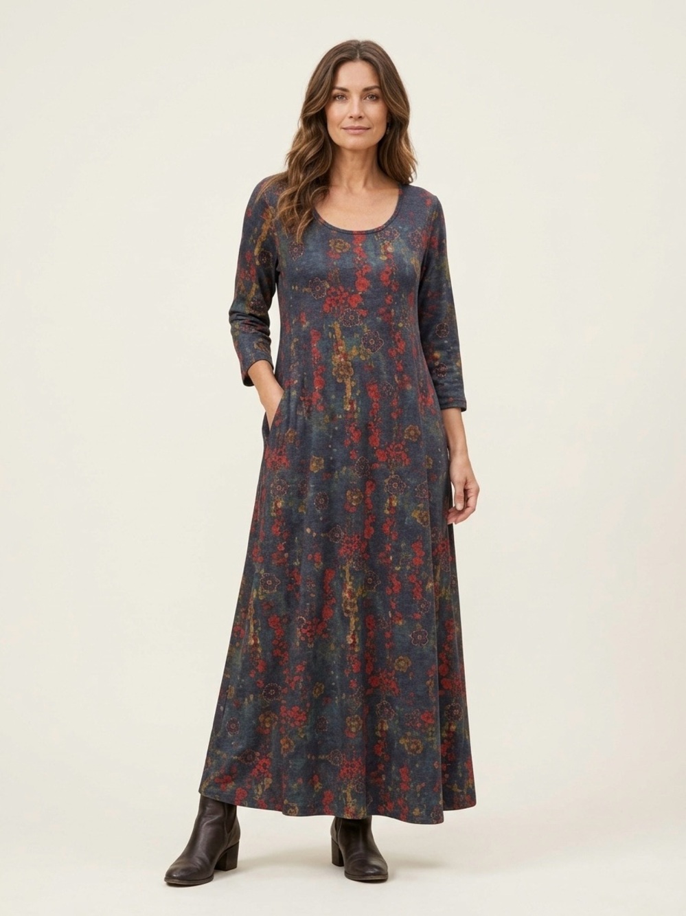 Natural Life Lottie Knit Maxi Dress XL Floral Pockets Stretch Long Sleeve Boho